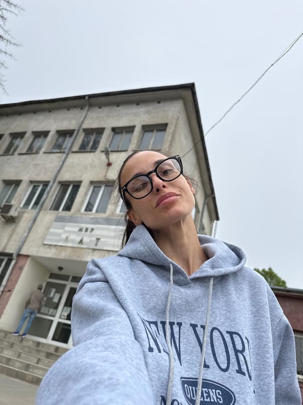 Woman takes outdoor selfies in Pleven, Bulgaria