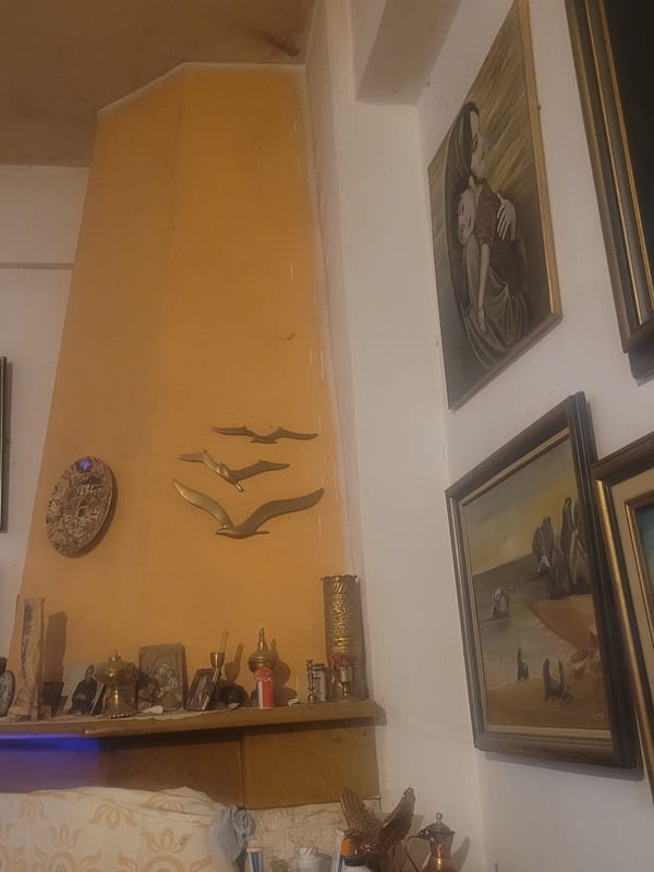 Living room decorated with metal bird sculptures on orange wall