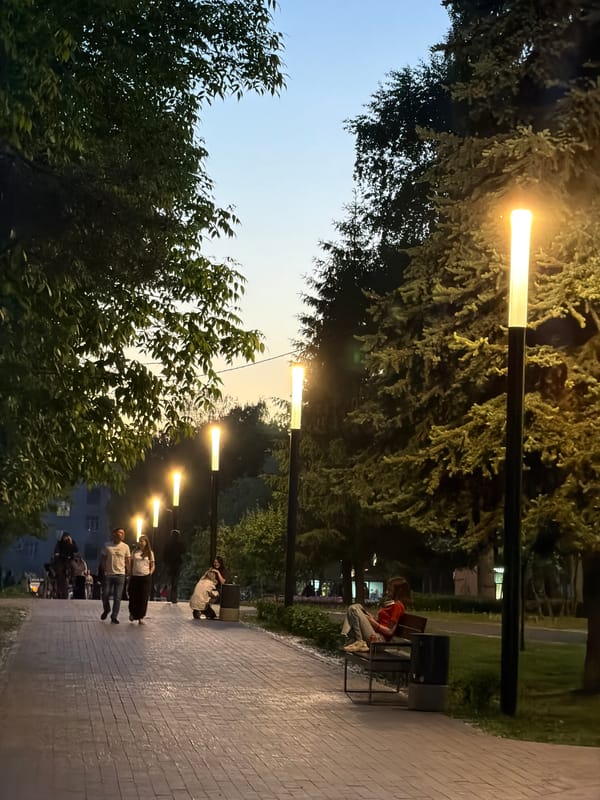 Evening park scene with illuminated walkways and fountain captured
