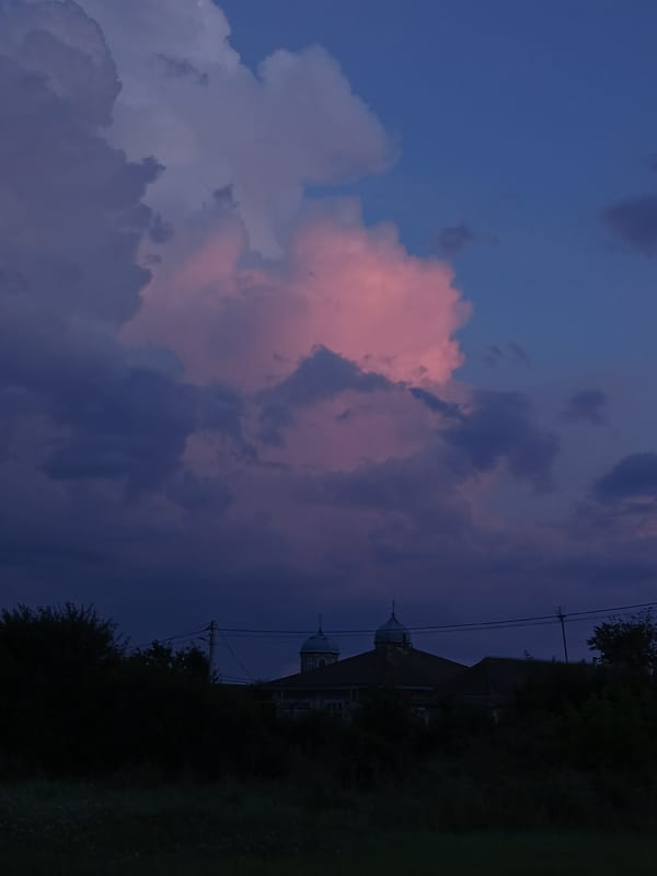 Storm clouds and a watchful German Shepherd in rural Moldova
