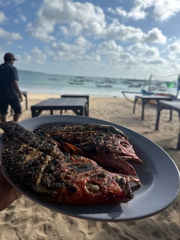 Grilled snapper photographed at Kuta Beach, Indonesia