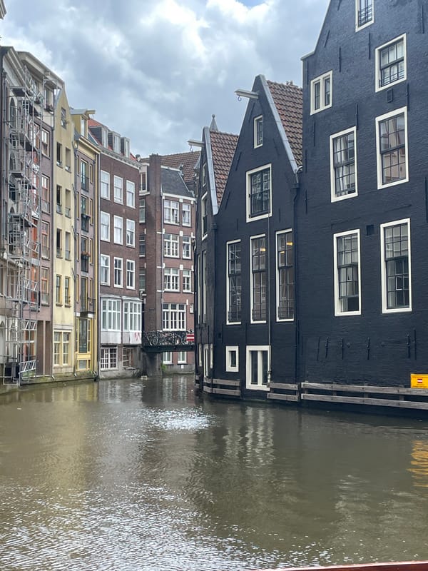 Amsterdam canal life documented during overcast afternoon