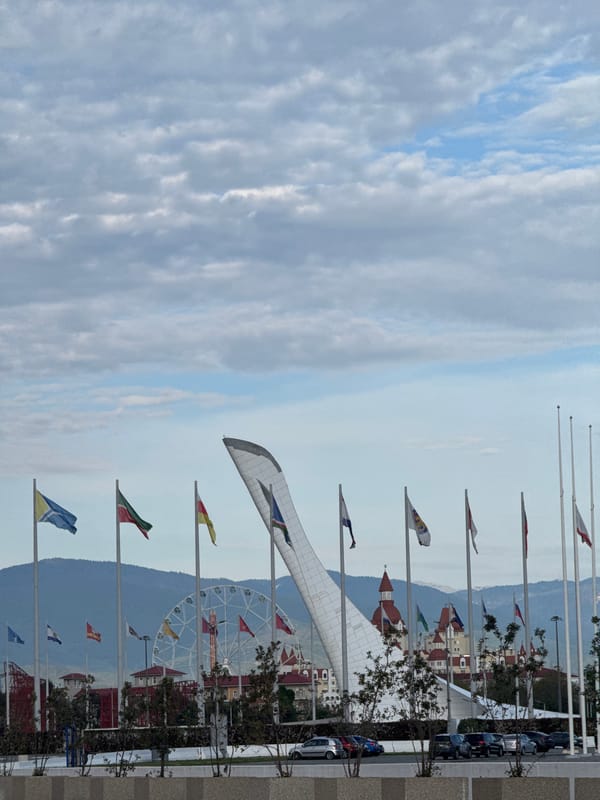 Flags wave at mountainous display in Sirius, Russia