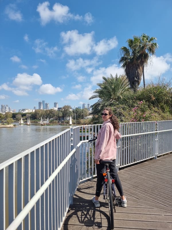 Recreational boating and cycling activity observed on Yarkon River, Tel Aviv