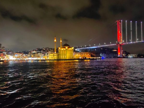 Istanbul's Ortaköy Mosque and Bosphorus Bridge illuminated at night