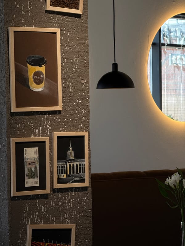 Krasnoyarsk café visit documented with interior views, meal