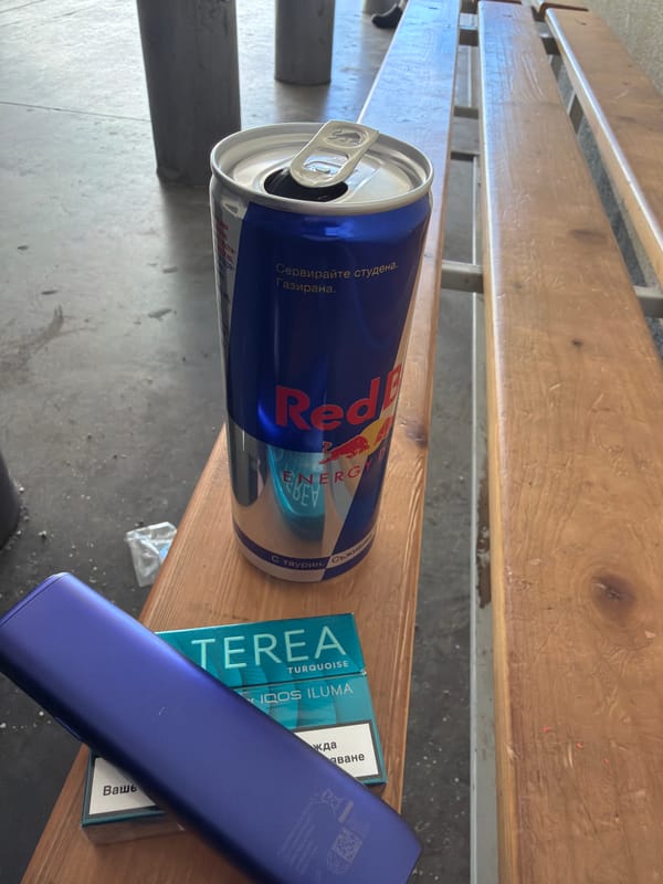Afternoon break with energy drink and tobacco in Kazanlak park