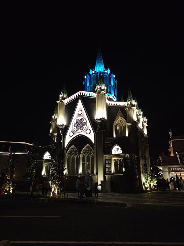 Gothic-themed commercial district in Tangerang lit up at night