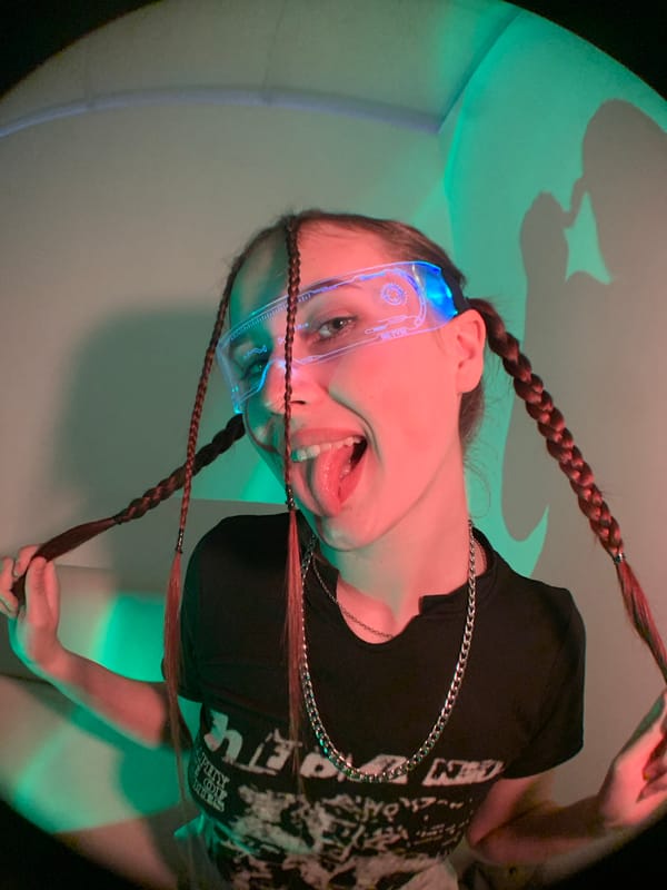 Person with futuristic goggles photographed in Foki, Russia