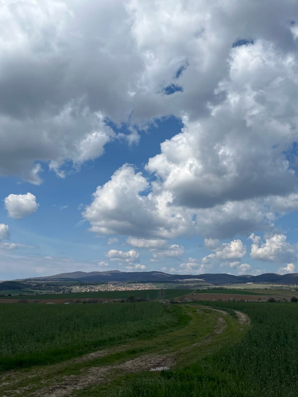 Spring landscape observed near Krapets, Bulgaria shows cloudy skies