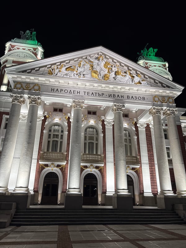 Evening visit documented at Sofia's illuminated National Theatre