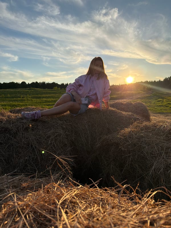 Person sits on hay bale during sunset in Mars, Russia
