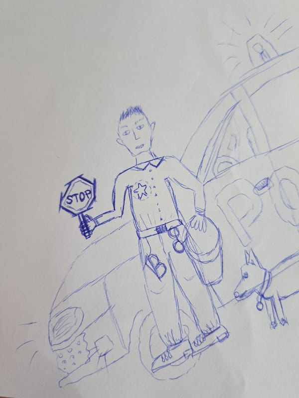 Drawing shows police officer with stop sign near vehicle
