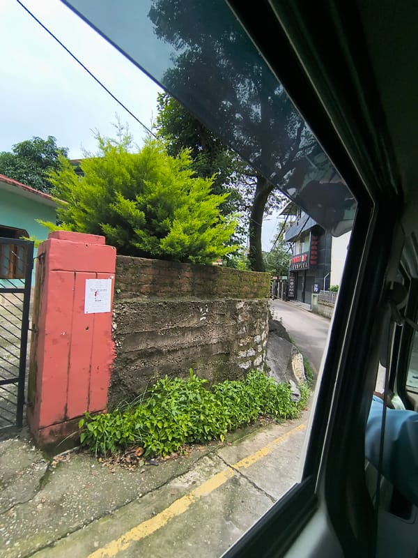 Passing through Dharamshala streets on a green tree-lined road