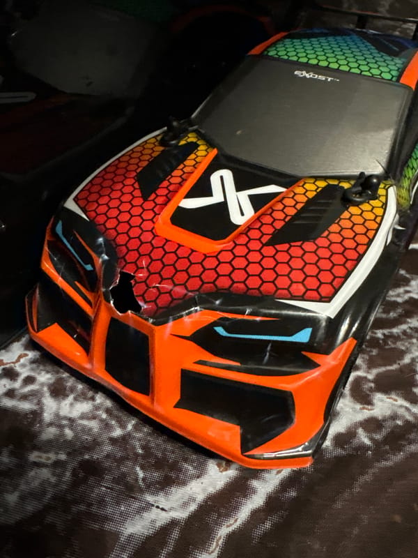 Damaged RC car parts documented in Sofia evening incident
