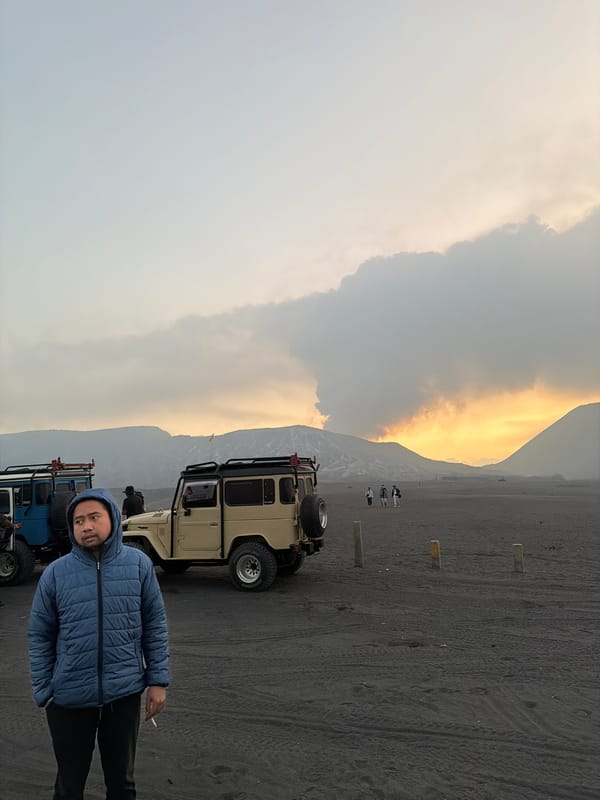 Sunset trek across volcanic sands at Bromo, Indonesia