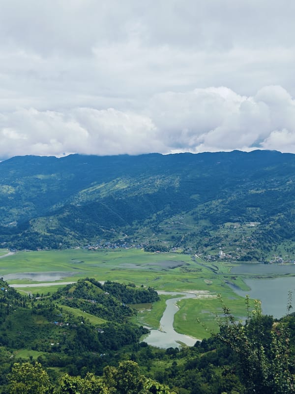 Aerial and hilltop views across Pokhara's green valley