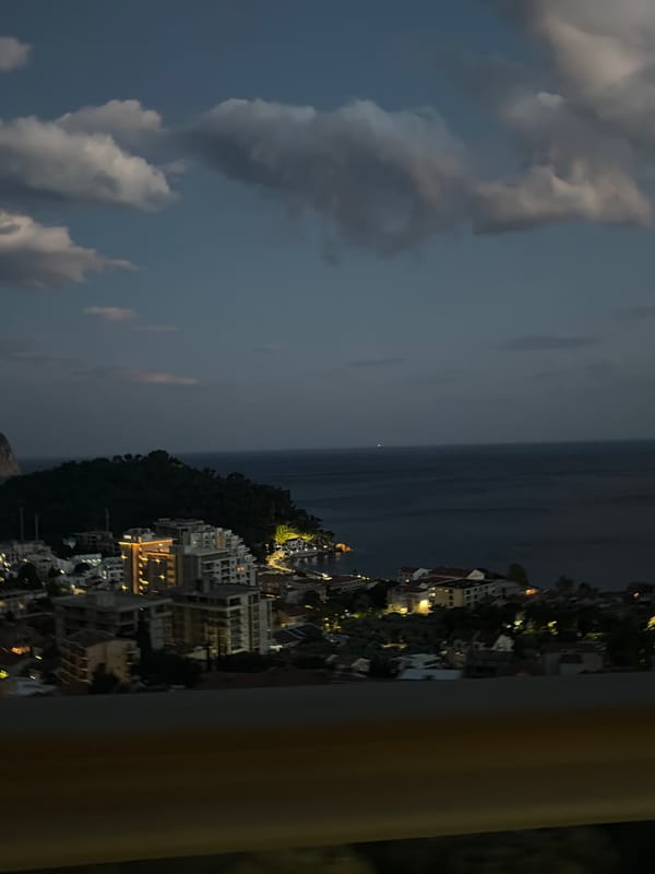 Aerial nighttime view captured of illuminated Nerin, Montenegro