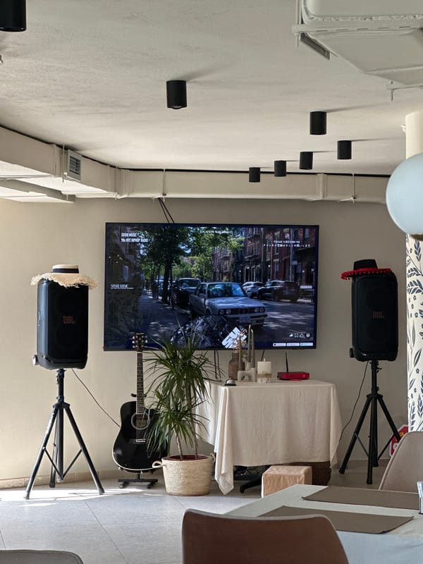 Indoor scenes documented in Boreti: TV content, artwork, meal