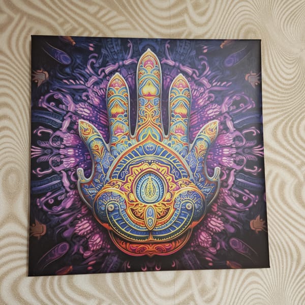 Ornate Hamsa hand artwork displayed in Kladovitsy home