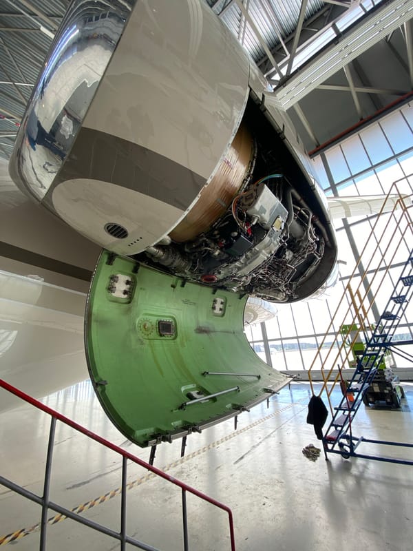 Aircraft undergoes engine maintenance at Skulte, Latvia hangar
