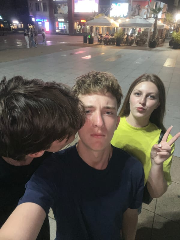 Nighttime selfies on Burgas pedestrian street near Sea Garden