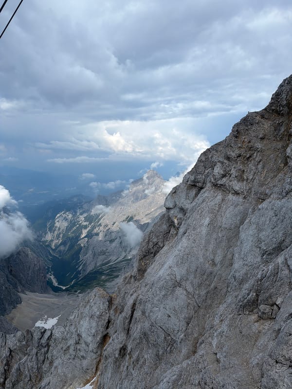 Cable car ride up a snowy Alpine peak near Garmisch-Partenkirchen