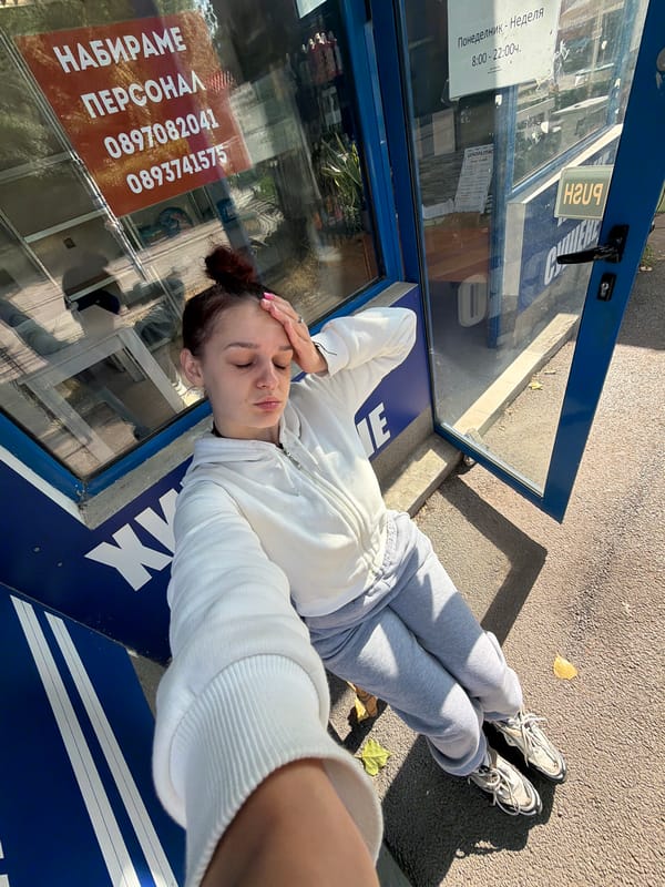 Quick selfie session outside a Sofia kiosk on a July morning