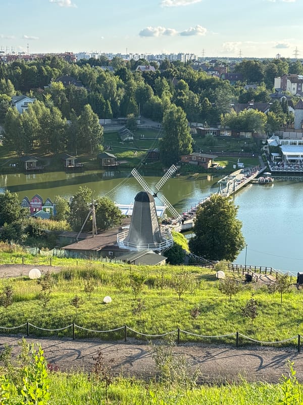 Romashkovo park: windmill, lakefront boats, and roaming animals