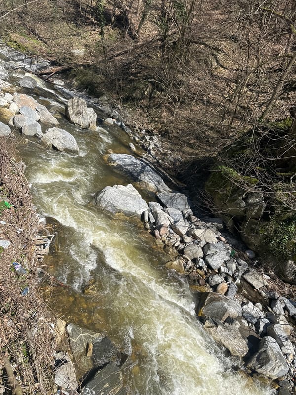 Fast-flowing stream observed in rocky ravine near Peshtera, Bulgaria