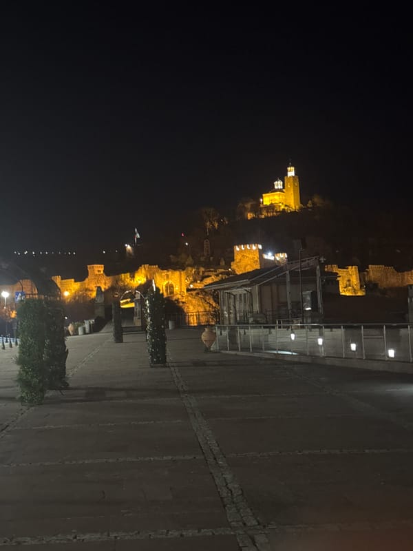 Tsarevets fortress illuminated at night in Veliko Tarnovo