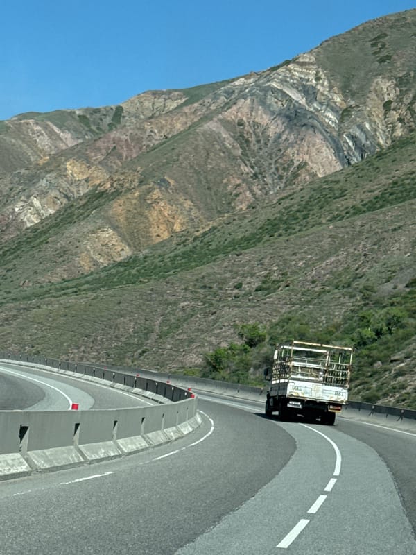 Truck spotted on curved road in Krasnyy Most, Kyrgyzstan