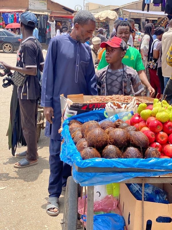 Street vendor operates fruit and water cart in Maiburiji