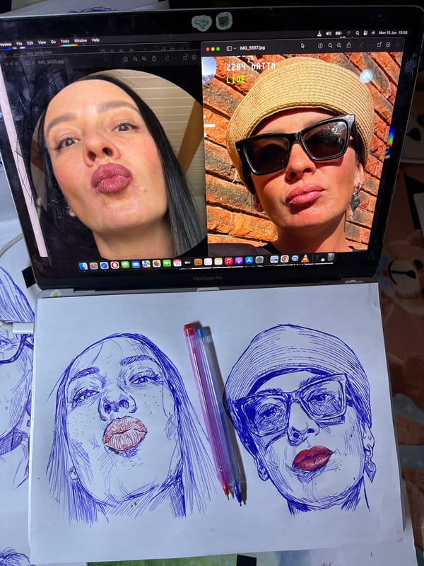 Artist creates pen portraits while referencing laptop photos in Jos