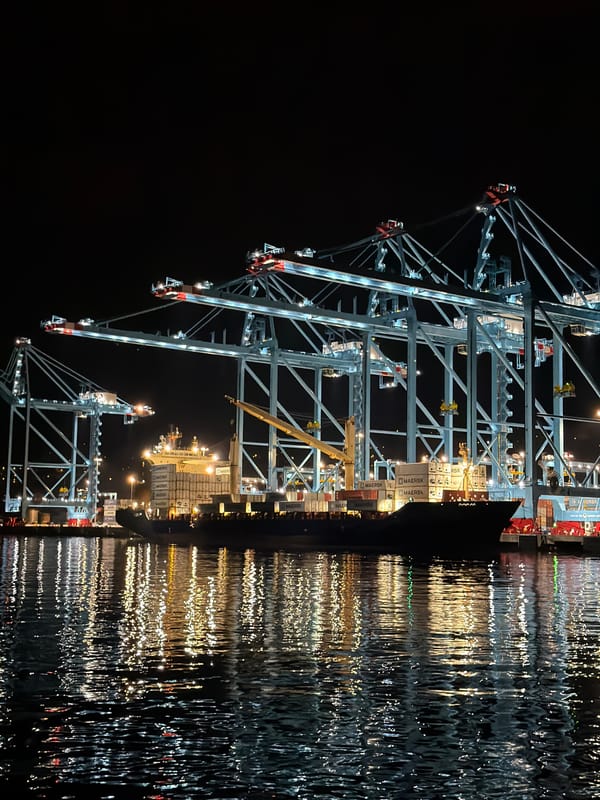 Illuminated cargo cranes observed at Rijeka port during nighttime