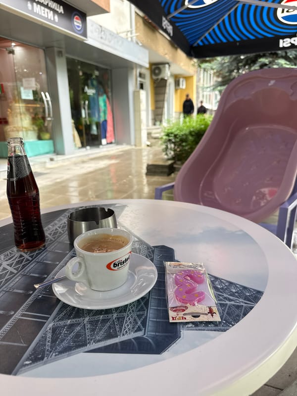 Afternoon coffee break documented at Velingrad cafe, Bulgaria