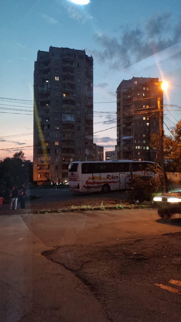 Dusk in a Tbilisi residential neighborhood, caught from a bus