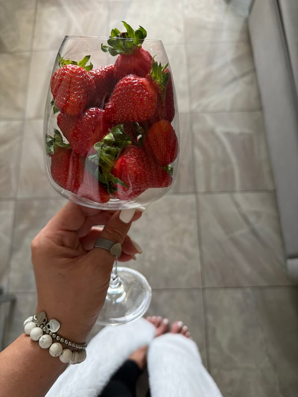 Personal moments captured: strawberry wine glass, mirror selfie, pink rose