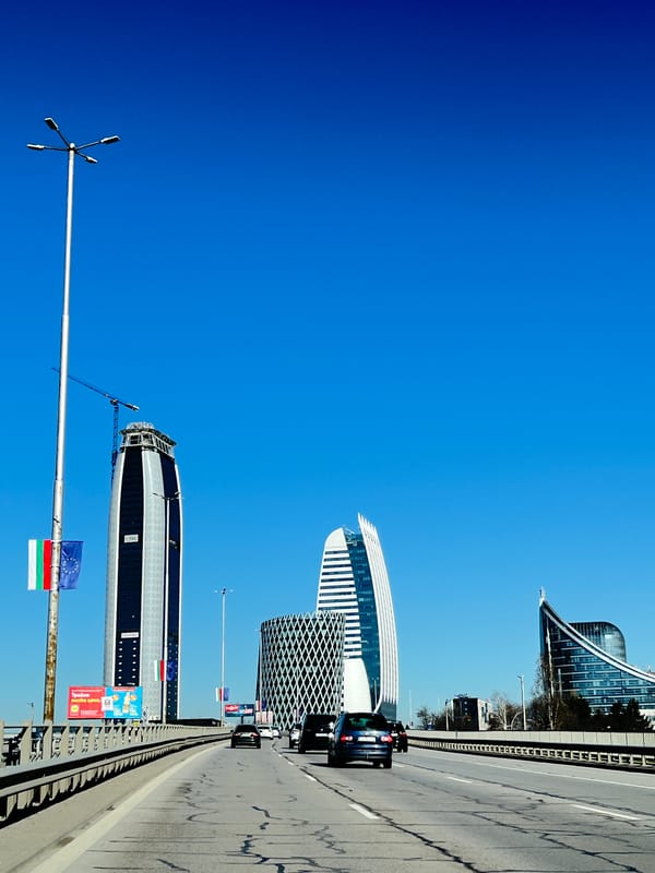 Morning traffic and buildings documented in Sofia, Bulgaria