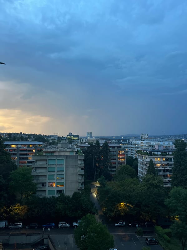 Geneva skyline tracked through a summer storm, dusk to night