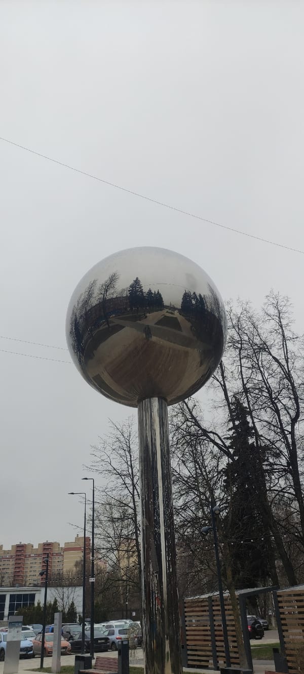 Reflective metal sphere art installation spotted in Fryazino, Russia