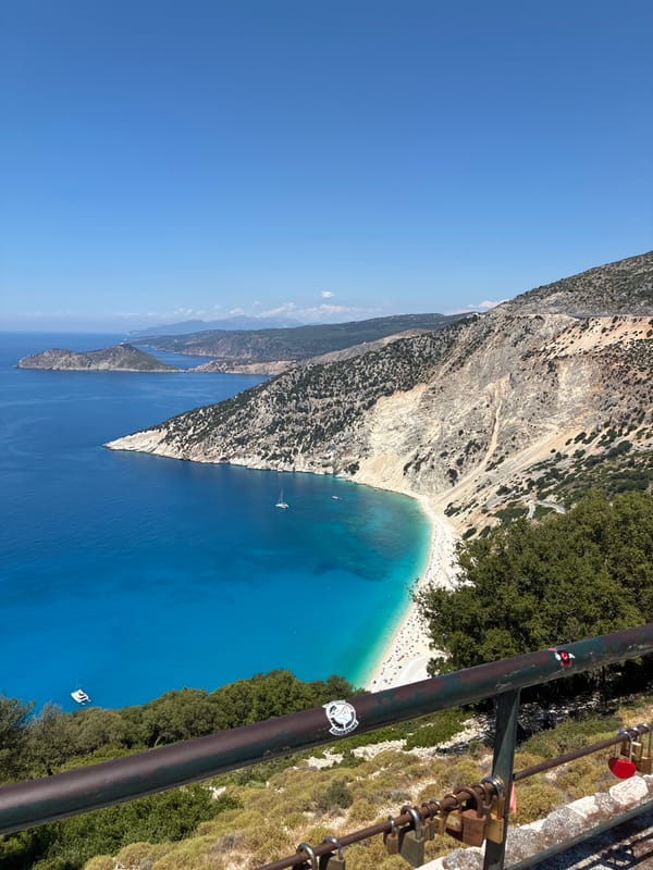 Looking down on Myrtos Beach's crescent shoreline from above