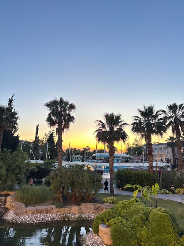 Sunset and resort waterfall captured in Selçuk, Turkey