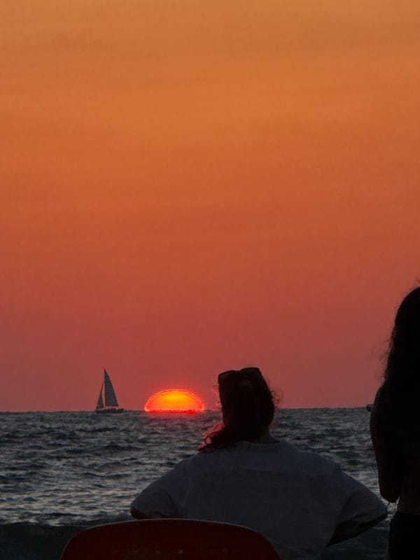 Mediterranean sunset paints the Tel Aviv shoreline in red and orange