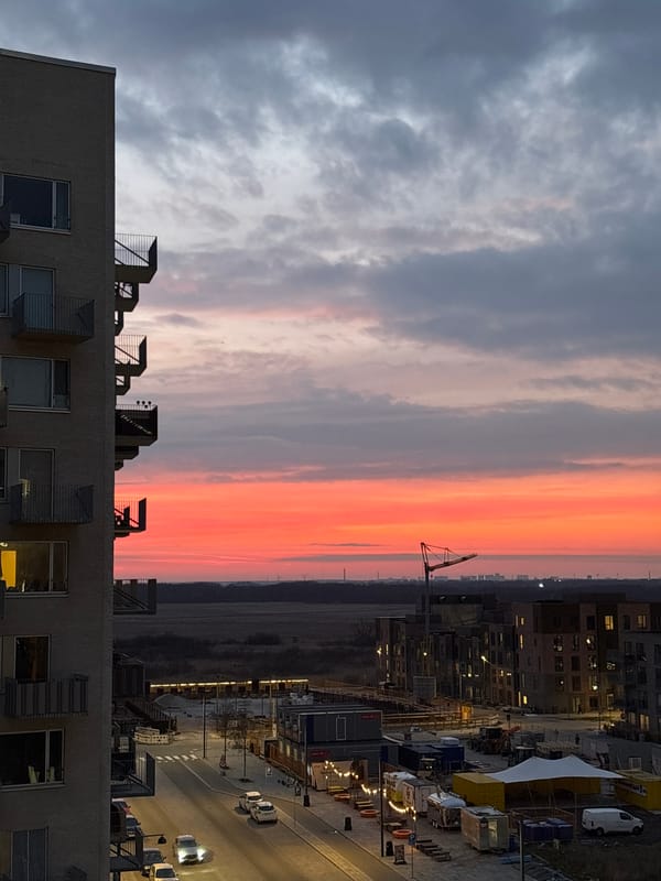 Sunset captured over Copenhagen rooftops and industrial buildings