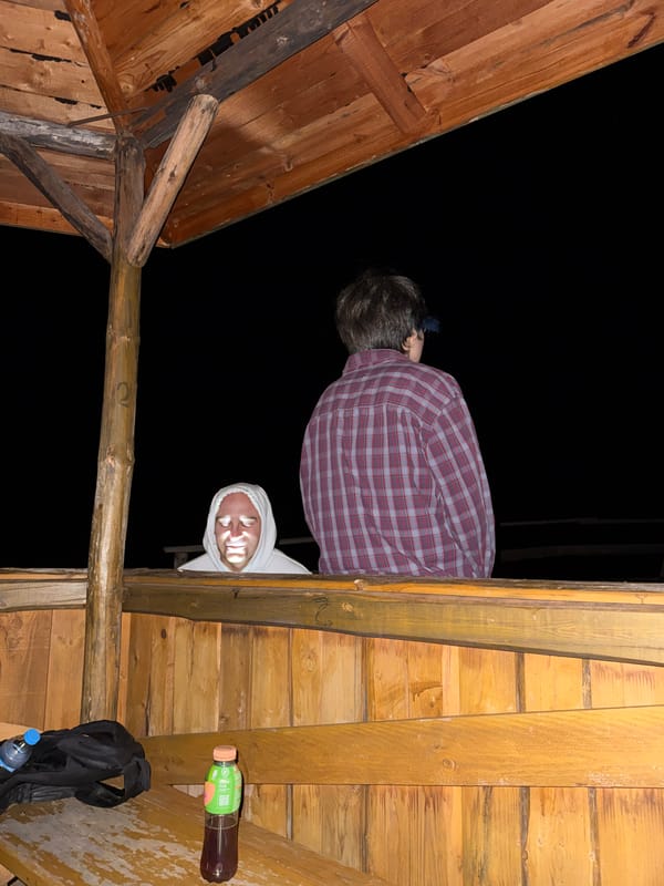 Wooden shelter interior documented in Rila, Bulgaria at night