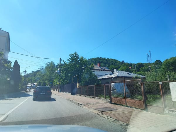 Street scene near a moto dealership in Târgu Neamț, Romania