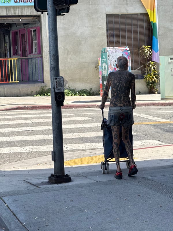 Person pushes blue cart on West Hollywood sidewalk