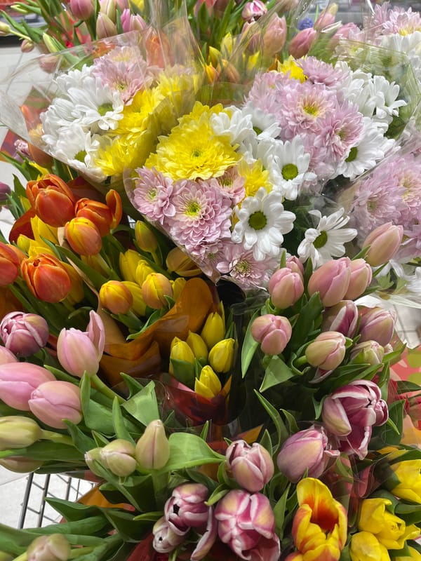 Colorful flower bouquets displayed at Stara Zagora market stall