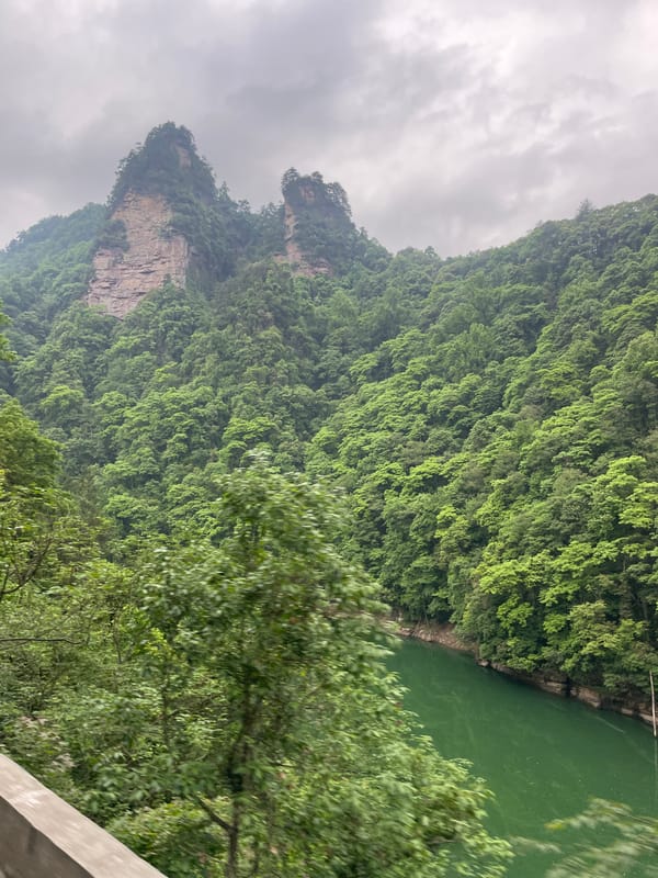 Tourist captures scenic Wulingyuan landscape views including Baofeng Lake